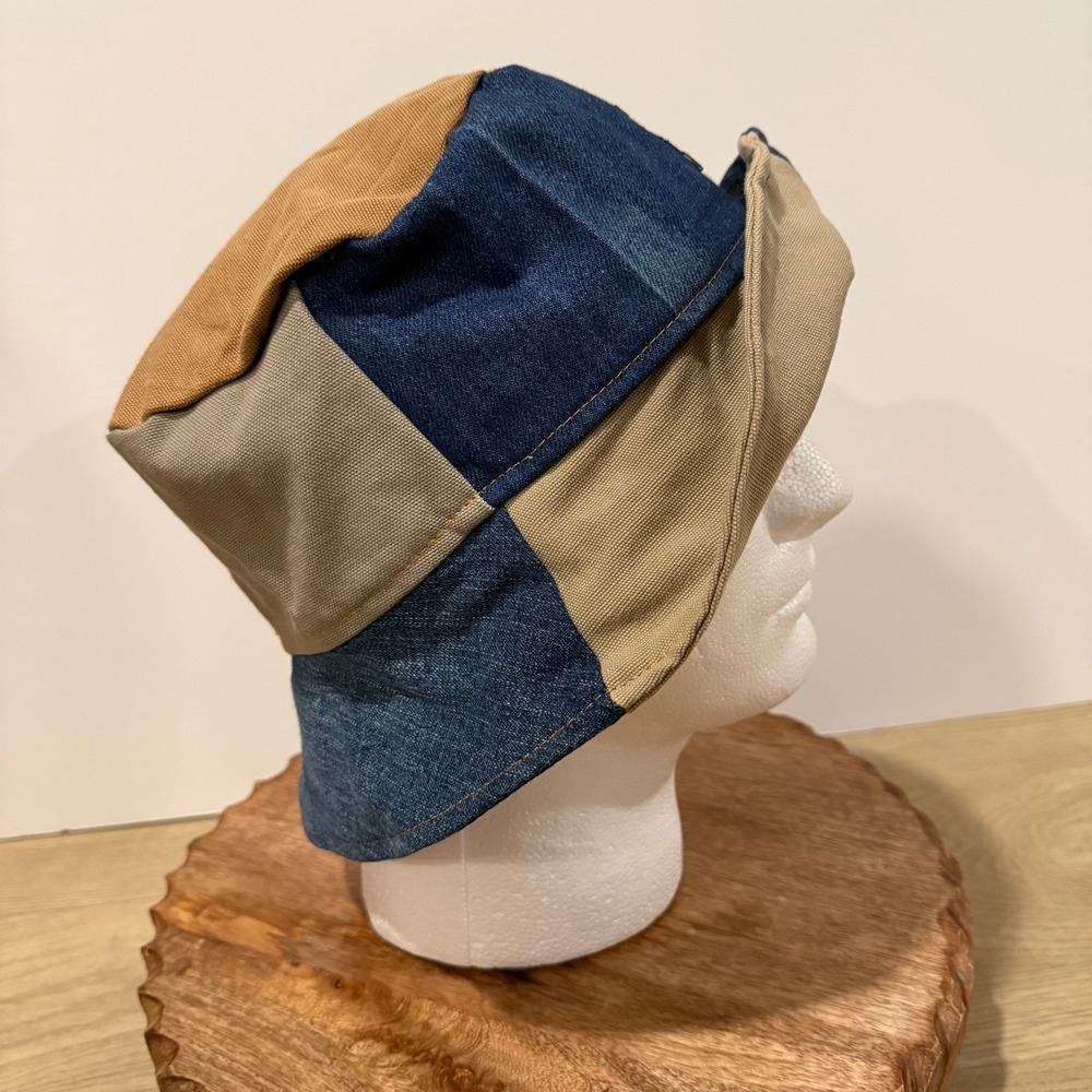 The North Face Bucket Hat Unisex OS Blue Tan Patchwork Denim Canvas Upcycled - Picture 4 of 6